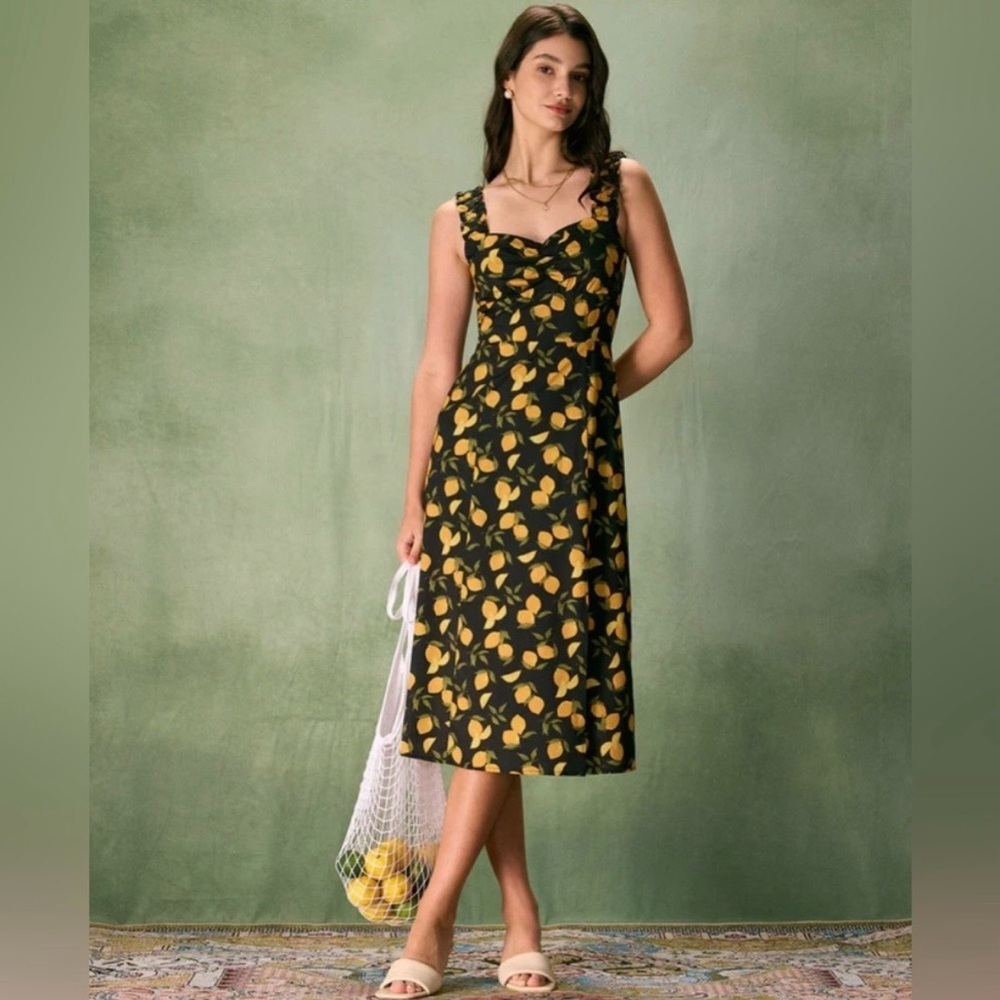 Rihoas Lemon Print Black Dress